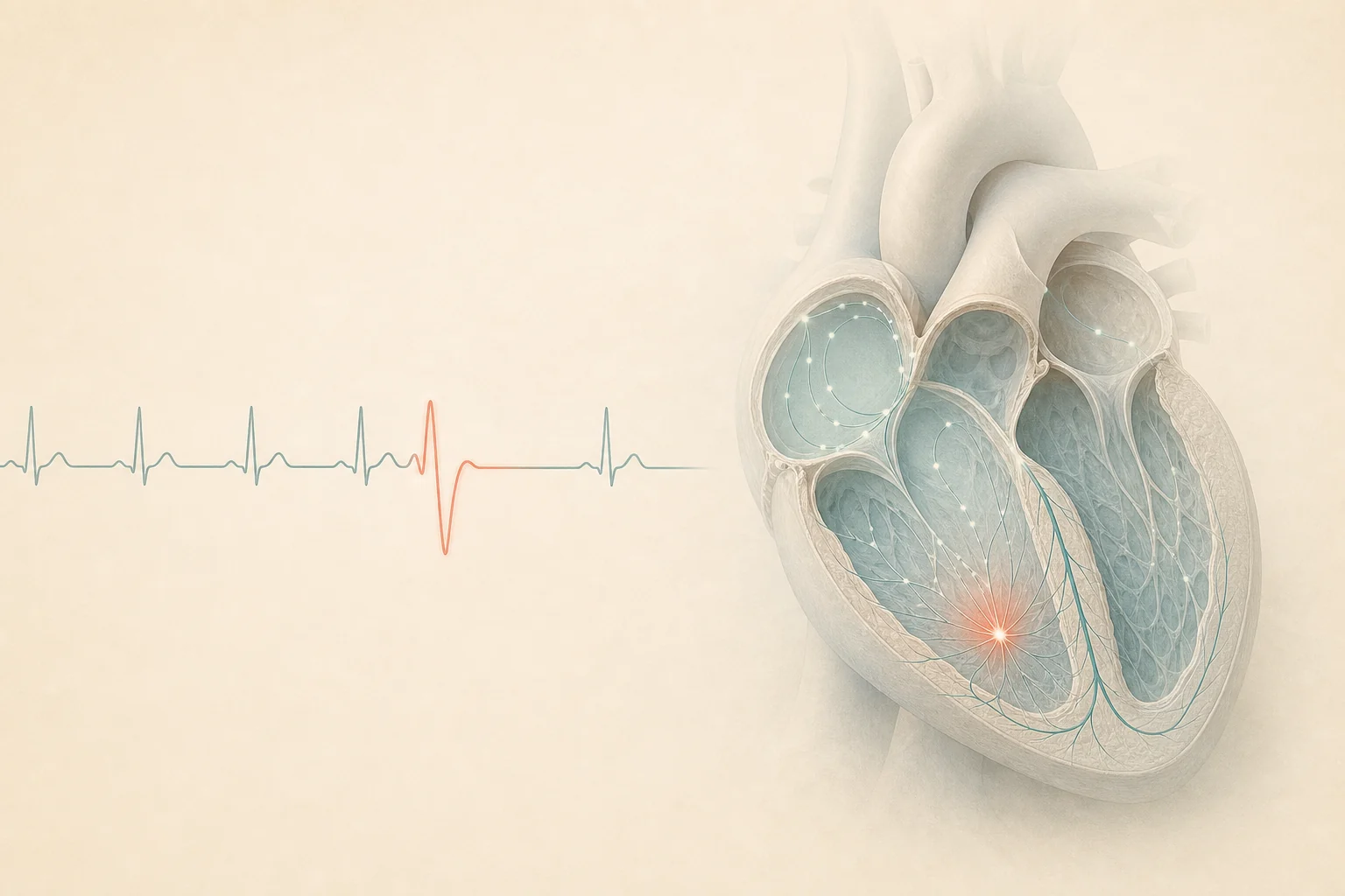 Editorial visualization of one early ventricular electrical impulse and a premature beat